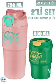 Resim Vagonlife 2'li Çelik Termos-Kahve Bardağı Seti 750ML Çift Kullanım Termos//450ML Mug Kahve Bardağı 
