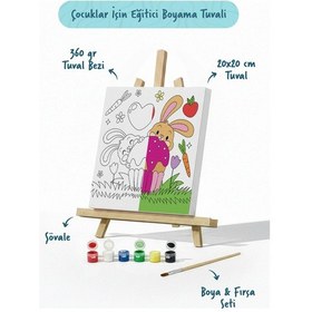 Resim Tavşan Figürlü Çocuk Boyama Tuvali Şövaleli Boya Seti 20x20 