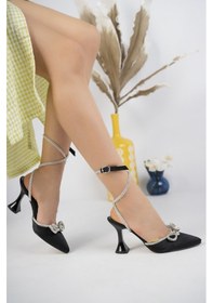 Resim Bulutmod Siyah Kadın Saten Bilekten Bağlamalı Taşlı Fiyonklu Siyah 