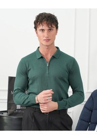 Resim Modefendi Pamuk Likra Slim Fit Kalıp Yaka Fermuar Detaylı Triko Kazak Petrol Yeşili 