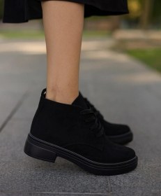 Resim Kalın Poli Taban Bağcıklı Bilekte Kadın Bot & Bootie Süet Siyah 