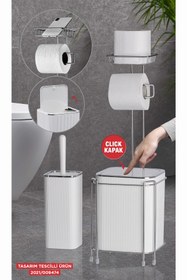 Resim Okyanus Home Krom Yedekli Wc Kağıtlık - Çizgili Kare Beyaz Çöp Kovası Ve Wc Fırça Seti 