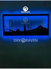 Resim Silueti Led Işıklı Ahşap Tablo Mavi 55x25 cm, istanbul 