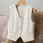 Resim Kadınlar İçin Şık Kolsuz Blazer Yelek - Şık Baston Omuz Tasarımı, Hafif Polyester, Düğmeli Ön ve Sahte Cepli, Çok Yönlü Bej Renk, Makinede Yıkanabilir, Her Mevsim Günlük ve Ofis Giyimi 