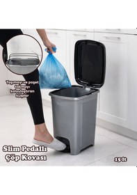 Resim Porsima 0123 Pedallı Metalize Banyo Mutfak Çöp Kovası Siyah Kapaklı Slim Pedallı Çöp Kovası 15 Litre Siyah 