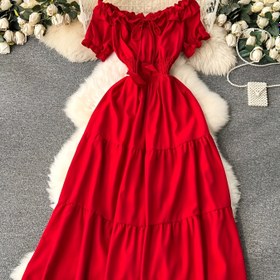 Resim İlkbahar ve Yaz Fransız Elbisesi Kadınlar İçin Düz Renk Şık V Yaka Kısa Kollu Eklemeli Kırmızı Etekli Balon Kollu Bel Bağlamalı Peri Elbise Tatil Güzelliği 