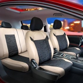 Resim Mitsubishi Lancer Evolution ile Uyumlu Lüx Deri Süet Oto Koltuk Kılıfı Ön Arka Takım Prime Serisi BEJ SİYAH 