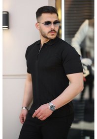 Resim Erkek Yakası Fermuarlı Kısa Kollu T-shirt Siyah 