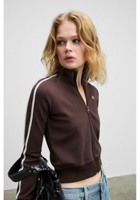 Resim Grimelange Repeta Kadın Dik Yakalı Nakış Detaylı Fermuarlı Slim Fit Kahverengi Ceket Kahverengi 