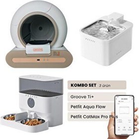 Resim Groove Ti+ Otomatik Kedi Tuvaleti Kahverengi - Petfit Aqua Flow Akıllı Su Pınarı Çeşmesi - Petfit CatMax Pro Plus Mama Kabı 