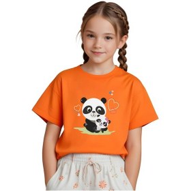 Resim Panios Kids Mother Panda Baskılı Kız Çocuk Kısa Kollu T-shirt Turuncu 