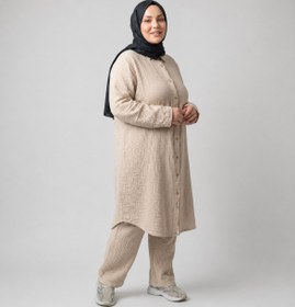 Resim MUSLİN KUMAŞ UZUN DÜĞMELİ TUNİK - Krem / 42 