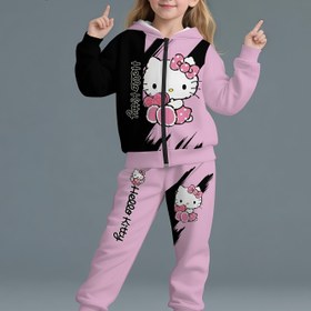 Resim Sanrio Hello Kitty Kız Çocuk Sonbahar/Kış 2025 Çocuk Seti - Pembe ve Siyah Çizgili Kapüşonlu Uzun Kollu Fermuar Tasarımlı Kazak + Spor Eşofman Altı Takımı - Süper Sevimli, kızların günlük sonbahar-kış giysileri İçin Mükemmel 