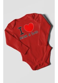Resim I Love Mom And Dad Baskılı Bebek Zıbını Çıtçıtlı Body %100 Pamuk Uzun Kol Kırmızı 