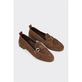 Resim Elle Kahve Deri Kadın Loafer 