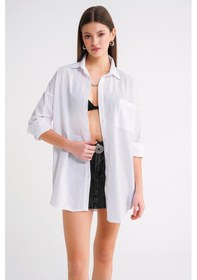 Resim Mixray 4053 Kadın Tek Cepli Oversize Basic Gömlek Beyaz 