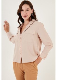 Resim Lela V Yaka Çift Cepli Regular Fit Dokuma Bayan Gömlek 611Go00016 Taş 