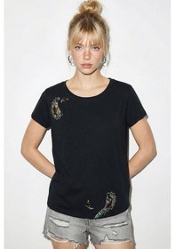 Resim Shade Kadın Pamuk El İşi Nakış Detaylı Tasarım T-shirt 1006 60282052 - Siyah L 