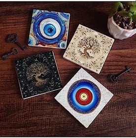 Resim Nazar, Hayat Ağacı Taş Bardak Altlığı Seti - 4 Parça - Dekoratif, Rustik Mutfak Aksesuarı, 10x10 cm, Kaydırmaz Tabanlı, Şık ve Dayanıklı SC377 