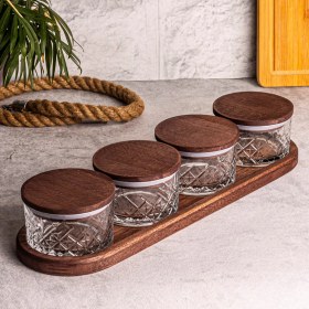 Resim Snippy Milla 5 Parça Tepsili Ahşap Vakumlu Kapaklı Cam Kahvaltılık Çok Amaçlı Cam Çerezlik 230ML 