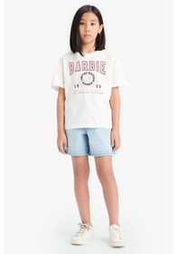 Resim DeFacto Kız Çocuk Barbie Relax Fit Bisiklet Yaka Kısa Kollu Tişört E2630A825SMER85 Ekru 