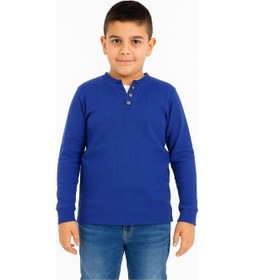 Resim Düğme Detaylı Mevsimlik Uzun Kollu Kaşkorse Kumaş Sweatshirt Mavi Renk Erkek Çocuk-90804 Mavi 