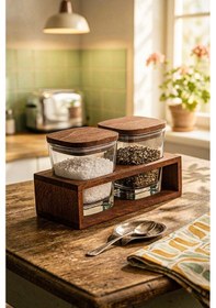 Resim Prime - 2'li Ahşap Standlı Vakumlu Kapaklı Cam Baharatlık Çok Amaçlı Cam Çerezlik Kahvaltılık 300 Ml Kahverengi 