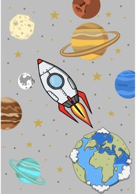 Resim Dijital Baskılı Dekoratif Kaymaz Taban Yıkanabilir Gezegenler Temalı Modern Çocuk Halısı Gri 
