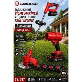 Resim SCHUTZENGER 965VR Şarjlı Ot Çim Biçme Tırpan 4 Batarya Şarjlı Turbo Fanlı Üfleme Makinesi 2’li Bahçe Seti Kırmızı 