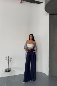 Resim Pusula Sepeti Salaş Önden Yırtmaç Detaylı Bel Kemerli Pantolon - Lacivert Lacivert 