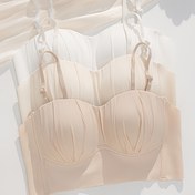 Resim 3'lü Dikişsiz Askısız Bandeau Sütyen Seti Kadınlar İçin, Kablosuz & Ultra İnce, Seksi Sırtı Açık Tasarım, Naylon/Spandex Karışımı, Zarif Büzgülü Detay - Beyaz, Bej ve Turuncu Renklerde Mevcut 