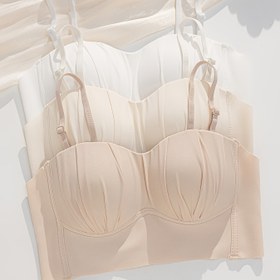 Resim 3'lü Dikişsiz Askısız Bandeau Sütyen Seti Kadınlar İçin, Kablosuz & Ultra İnce, Seksi Sırtı Açık Tasarım, Naylon/Spandex Karışımı, Zarif Büzgülü Detay - Beyaz, Bej ve Turuncu Renklerde Mevcut 