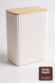 Resim İronika 2 Litre Bambu Kapaklı Erzak Gıda Bakliyat Saklama Kabı Mutfak Organizeri Ekru 