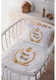 Resim %100 Pamuk Saten Isme Özel Isimli Anne Yanı Beşik Nevresim Takımı Çelenk 1 