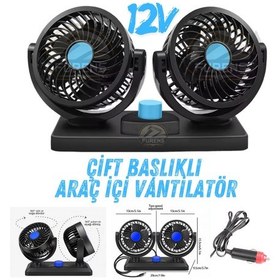 Resim Araç İçi Vantilatör 360 Dönebilen Torpido Üstü Çift Başlıklı Vantilatör 12v Uyumlu Soğutucu Fan 