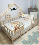 Resim Elena İthal Ladin Ahşap Çatılı Montessori Çocuk Karyola 100*200 c 