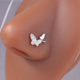 Resim 1 adet Burun Halkası Küpe L-şekilli Burun Halkası Kare Kristal Zirkonya Kelebek Burun Çivisi Piercing Takı Kadınlar ve Erkekler için Gümüş Altın 