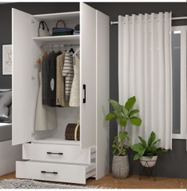 Resim Retro-10 Askılı 1 Raflı 2 Çekmeceli 2 Kapaklı Gardırop Beyaz Beyaz 