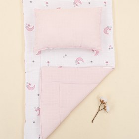 Resim Alt Açma Matı ve Yastık - Çift Taraflı - Bebe Pembe Muslin - Pembe Ay 