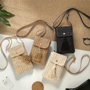 Resim Moda Plaj Mobil Telefon Çantası ve Para, Püskül Taze Çim Dokuma Tasarımı, Kadınlar için Mini Omuz Çantası Çapraz Çanta Ayarlanabilir Askı ile, Günlük Seyahat ve Alışveriş için Çok Uygun 