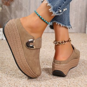 Resim Kadınlar İçin Moda Kalın Platform Yarım Kayar Sandalet - Dekoratif Metal Halkalı ve Boncuklu Ayak Bilekliği, Sentetik Üst Kumaş, TPU Taban, Rahat Günlük Ayakkabı, Kadın Ayakkabısı ve Sandaleti, Dokulu Desenli Tasarım 