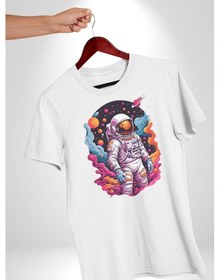 Resim Ay Mars Astronot Unisex Unisex Beyaz Organik Baskılı T-shirt Penye Yüksek Kalite Beyaz 