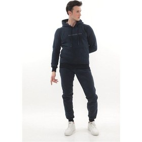 Resim Kanguru Cepli Nakış Yazılı Kapüşonlu 3 Iplik Kışlık Sweat Takım Lacivert Antramelaj 