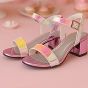Resim hapshoe Pony Hologram Pembe-Sarı Kalın Topuklu Kız Çocuk Abiye Ayakkabı 