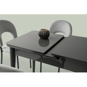 Resim Kelebek Hg Ortadan Açılır Büyüyen 80x130cm Koyu Gri Ahşap Salon Yemek Masa Gri Sandalye Takımı 4 San Gri 