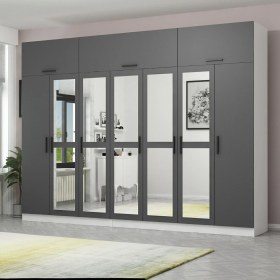 Resim Minar Kale 7 Kapaklı 5 Aynalı 4 Çekmeceli Dolap ve Yüklük Beyaz Antrasit 190 cm 