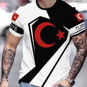 Resim Erkekler için 3D Baskılı Moda T-Shirt - Rahat Yuvarlak Yaka, Polyester, Yıldız ve Ay Grafikleriyle Türk Etkili Tasarım, Rahat Giyim için Rahat Örgü Kumaş, Boş Zaman Giyim | Şık Erkek Tişörtü | Kaliteli Örgü 