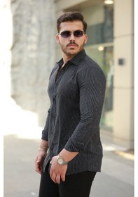 Resim Erkek Çizgi Desenli Uzun Kollu Pamuklu Keten Gömlek Siyah 