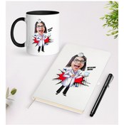 Resim Kişiye Özel Bayan Diş Hekimi Karikatürlü Beyaz Defter Kalem Siyah 