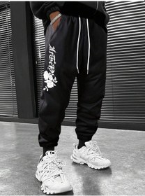 Resim Floral & Letter Graphic Drawstring Waist Eşofman Altı Siyah 